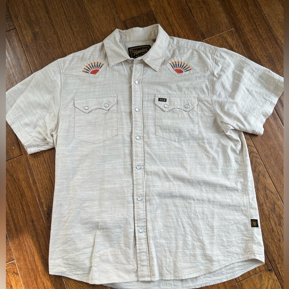 Howe Bros embroidered button down short sleeve with pearl snaps.